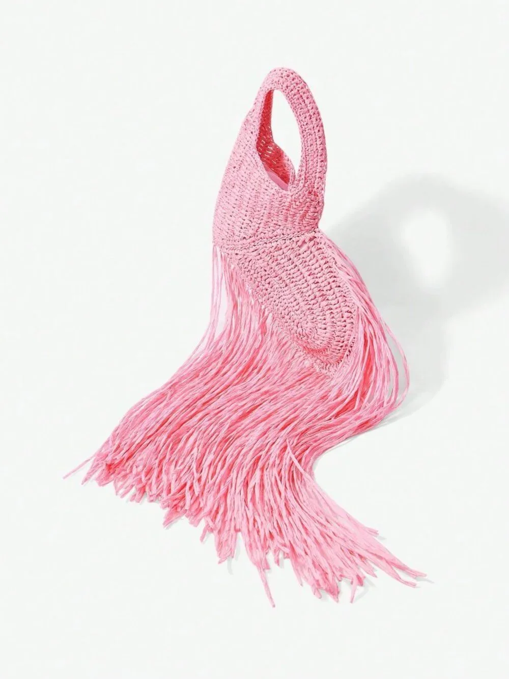 Pink  Women's Heart-Shaped Tassel Straw Woven Hobo Shoulder Bag